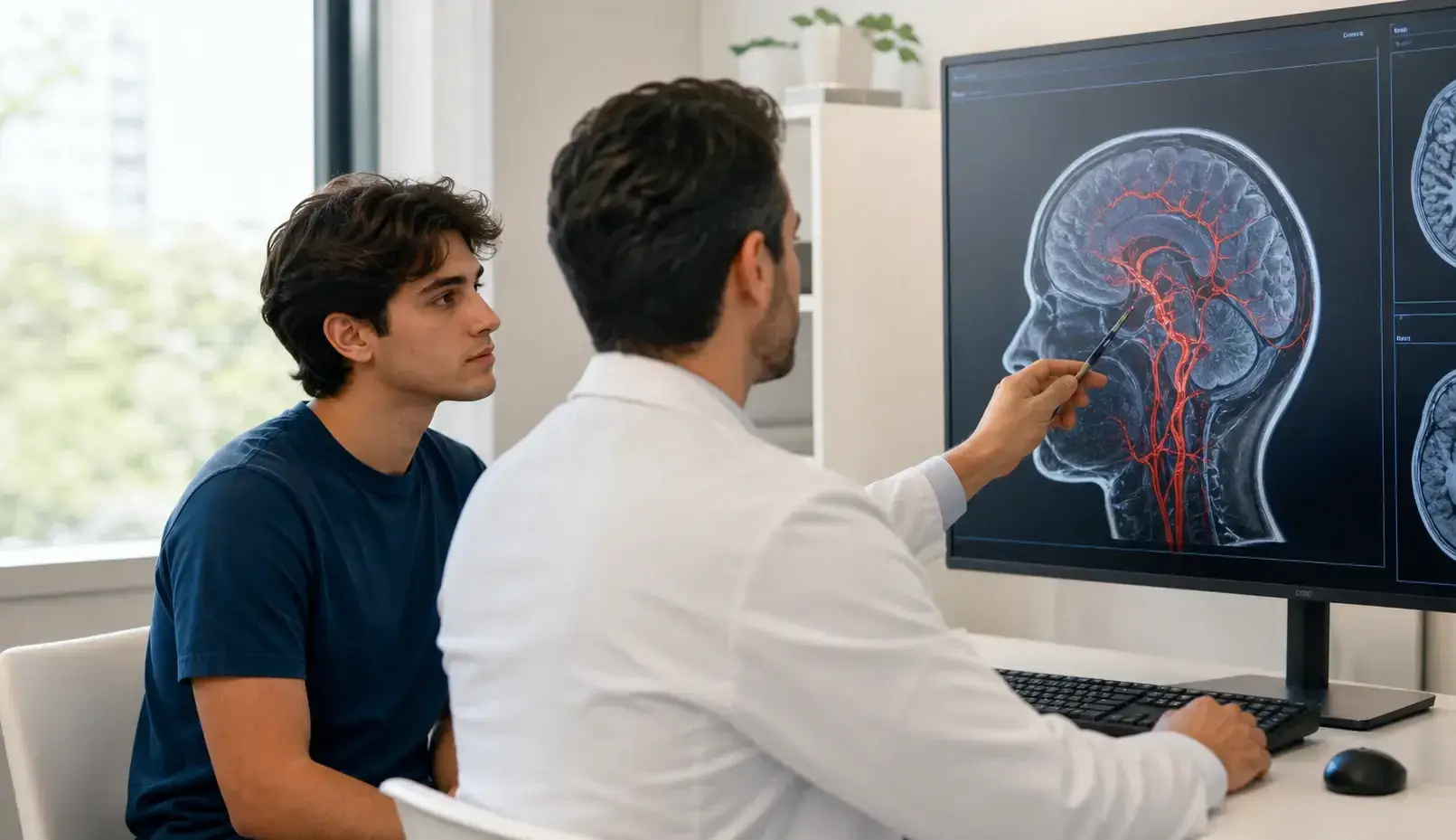 Jovem adulto em consulta neurológica revisando exame cerebral