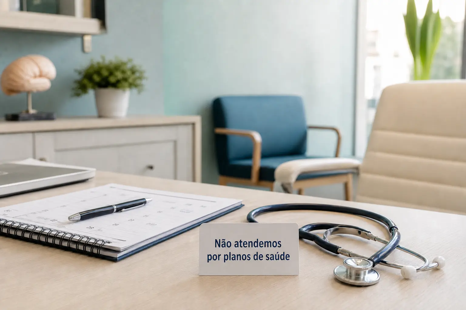 Mesa de consultório médico com aviso de que não atendemos por planos de saúde